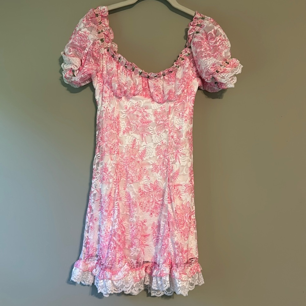 NWT Sugar Thrillz Regency Floral Mesh Lace Ruffle Fit N' Flare Dress M